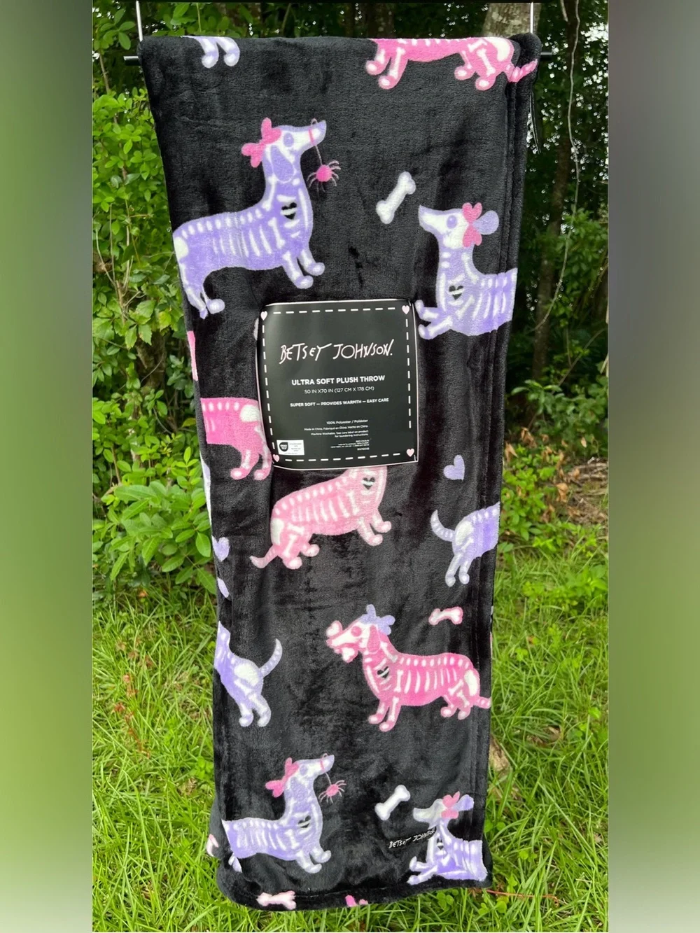 Betsey Johnson Halloween 2026 Dachshund Weiner Dog Skeleton Plush Throw Blanket